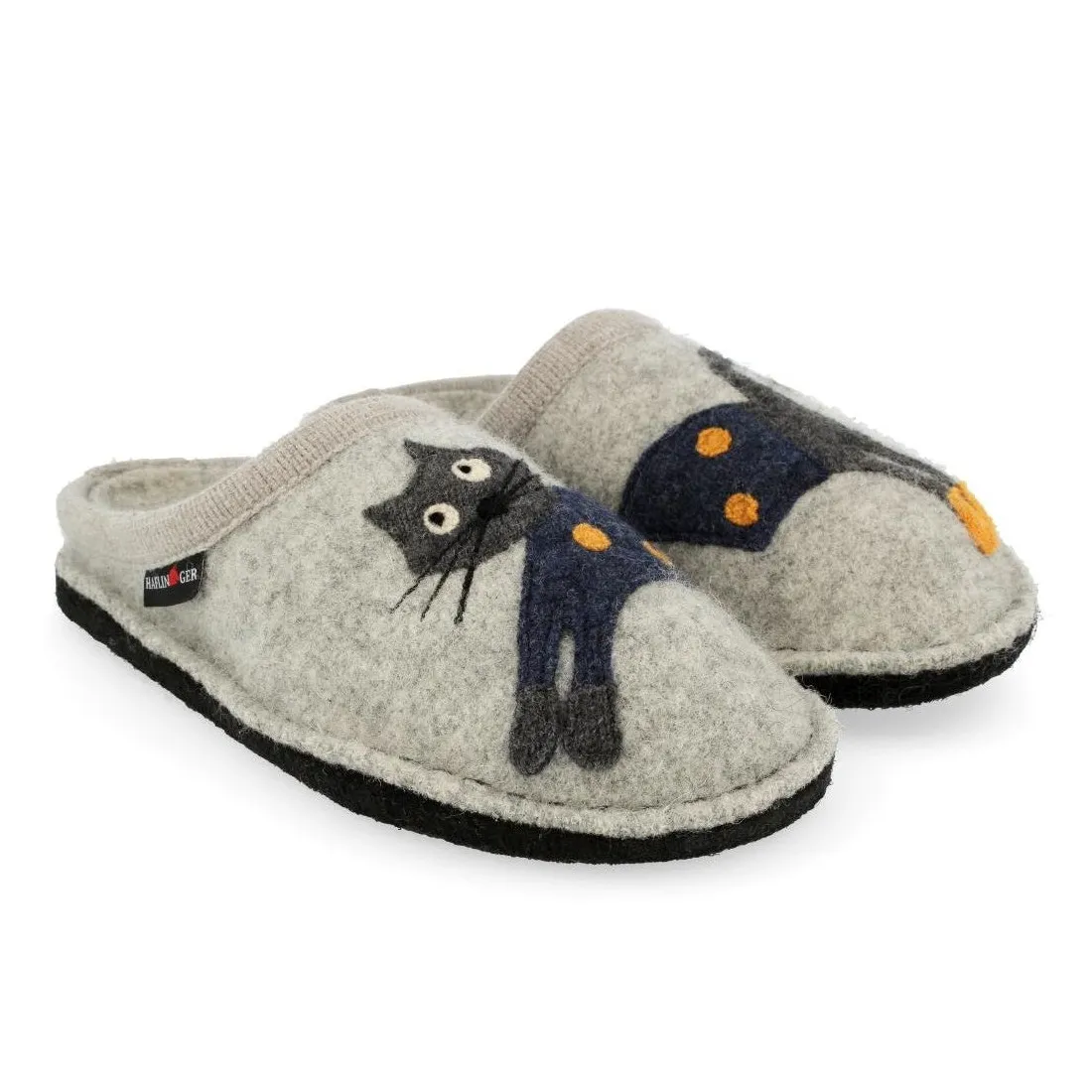 Pantofole Haflinger Cucho grigie in lana con gatto
