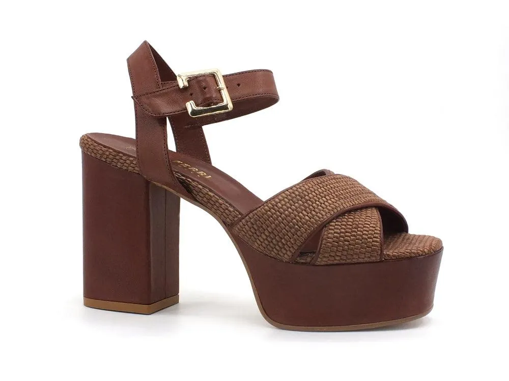 PAOLA FERRI Nizza Rafia Sandalo Chunky Tacco Brown D7460
