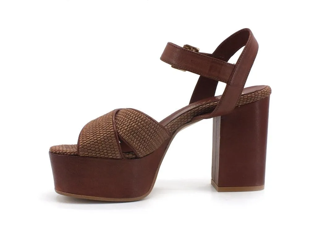 PAOLA FERRI Nizza Rafia Sandalo Chunky Tacco Brown D7460