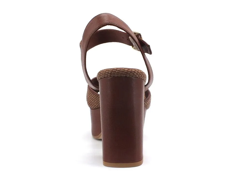 PAOLA FERRI Nizza Rafia Sandalo Chunky Tacco Brown D7460