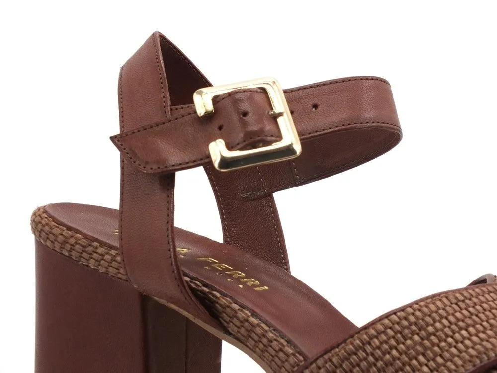 PAOLA FERRI Nizza Rafia Sandalo Chunky Tacco Brown D7460