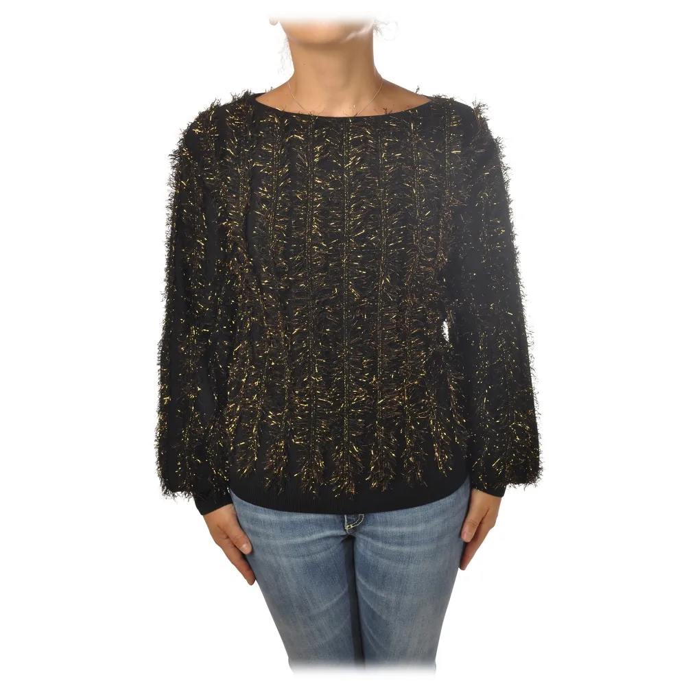 Pinko - Maglia Estonia in Filo Lurex Bicolore - Nero/Oro - Maglione - Made in Italy - Luxury Exclusive Collection