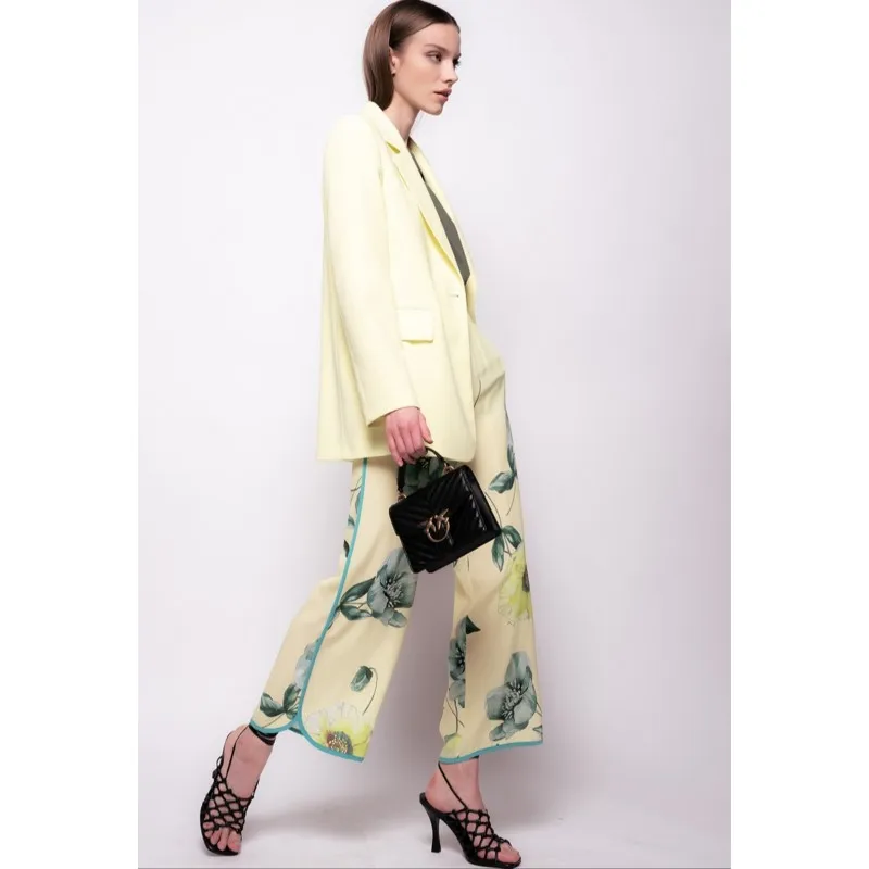 PINKO pantaloni PISA palazzo stampa rose MULT.GIALLO