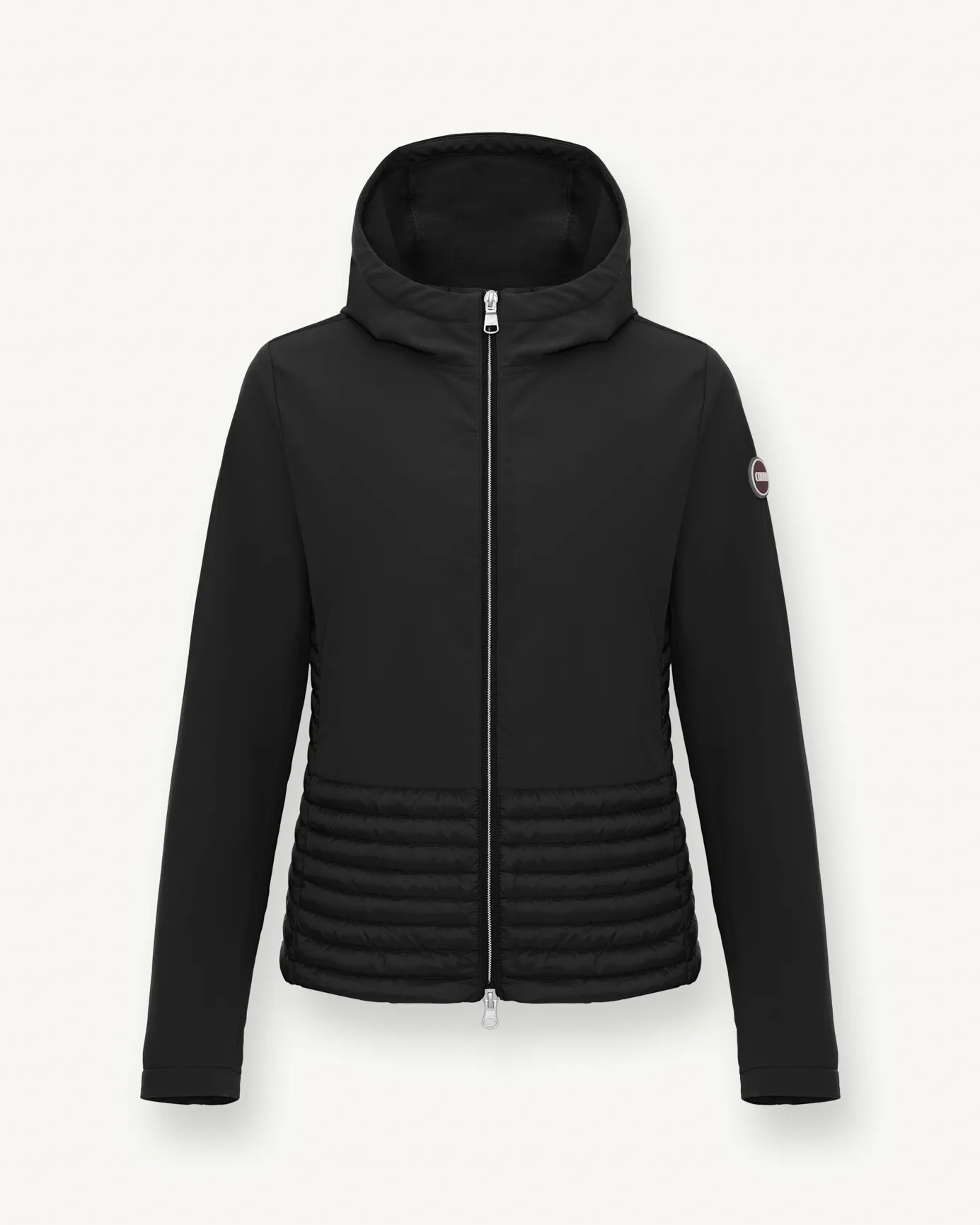 Piumino con cappuccio fisso nero in softshell con retro e fondo in tessuto lucido imbottito