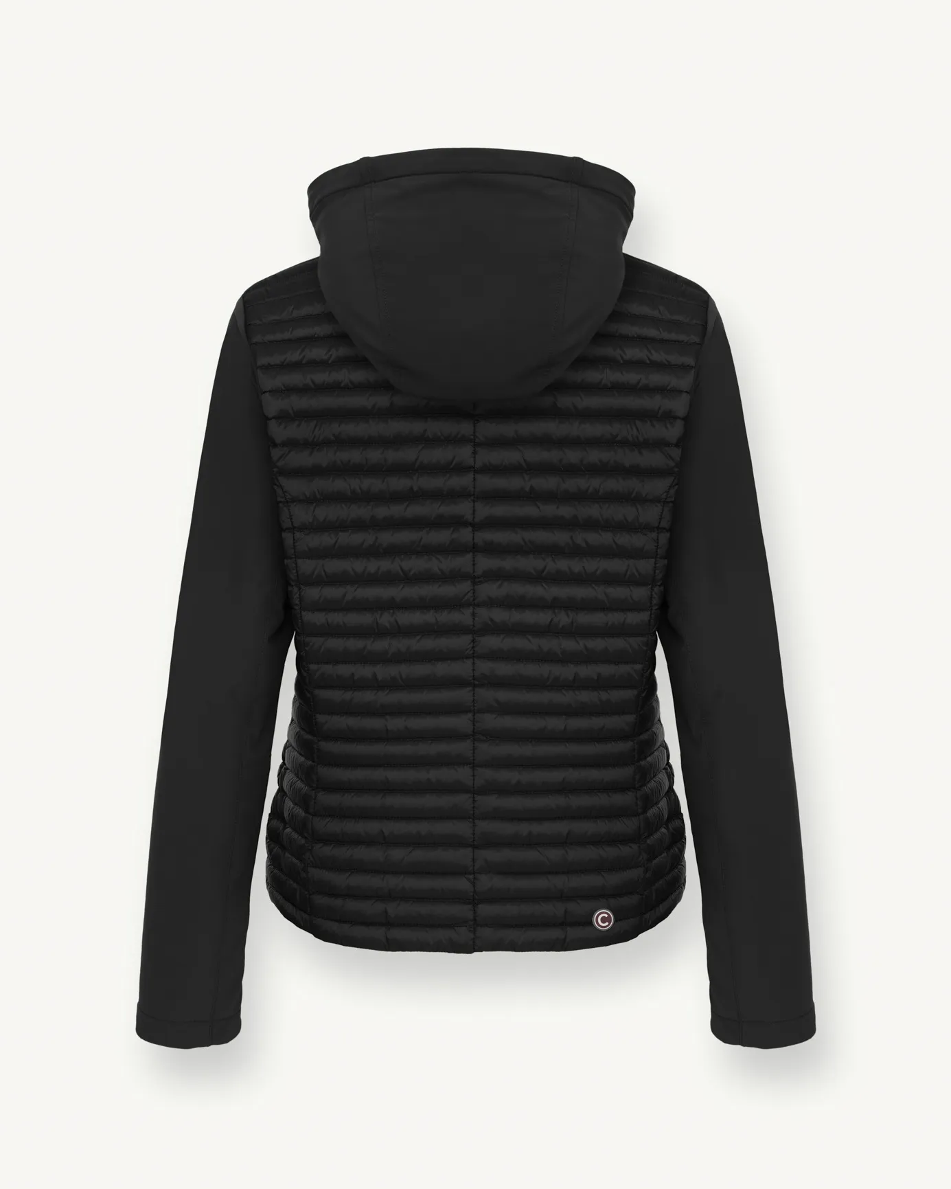 Piumino con cappuccio fisso nero in softshell con retro e fondo in tessuto lucido imbottito