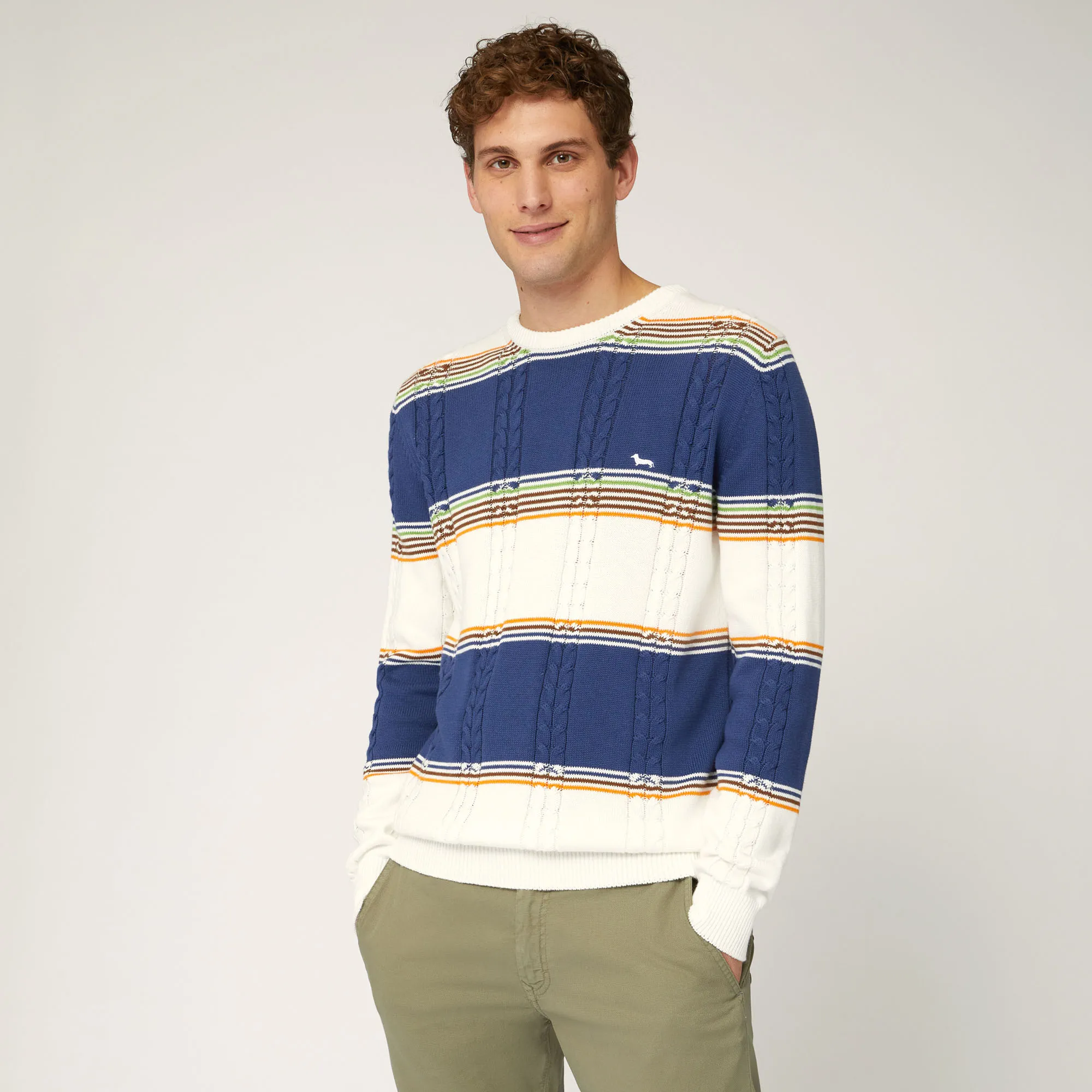 Pullover Girocollo In Cotone Organico A Righe E Trecce