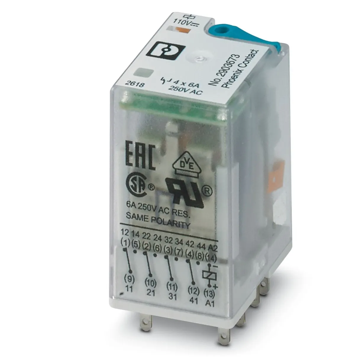 Relè di potenza Phoenix Contact serie REL-IR4/LDP-110DC/4X21AU, 4PDT, bobina 110V cc, A innesto