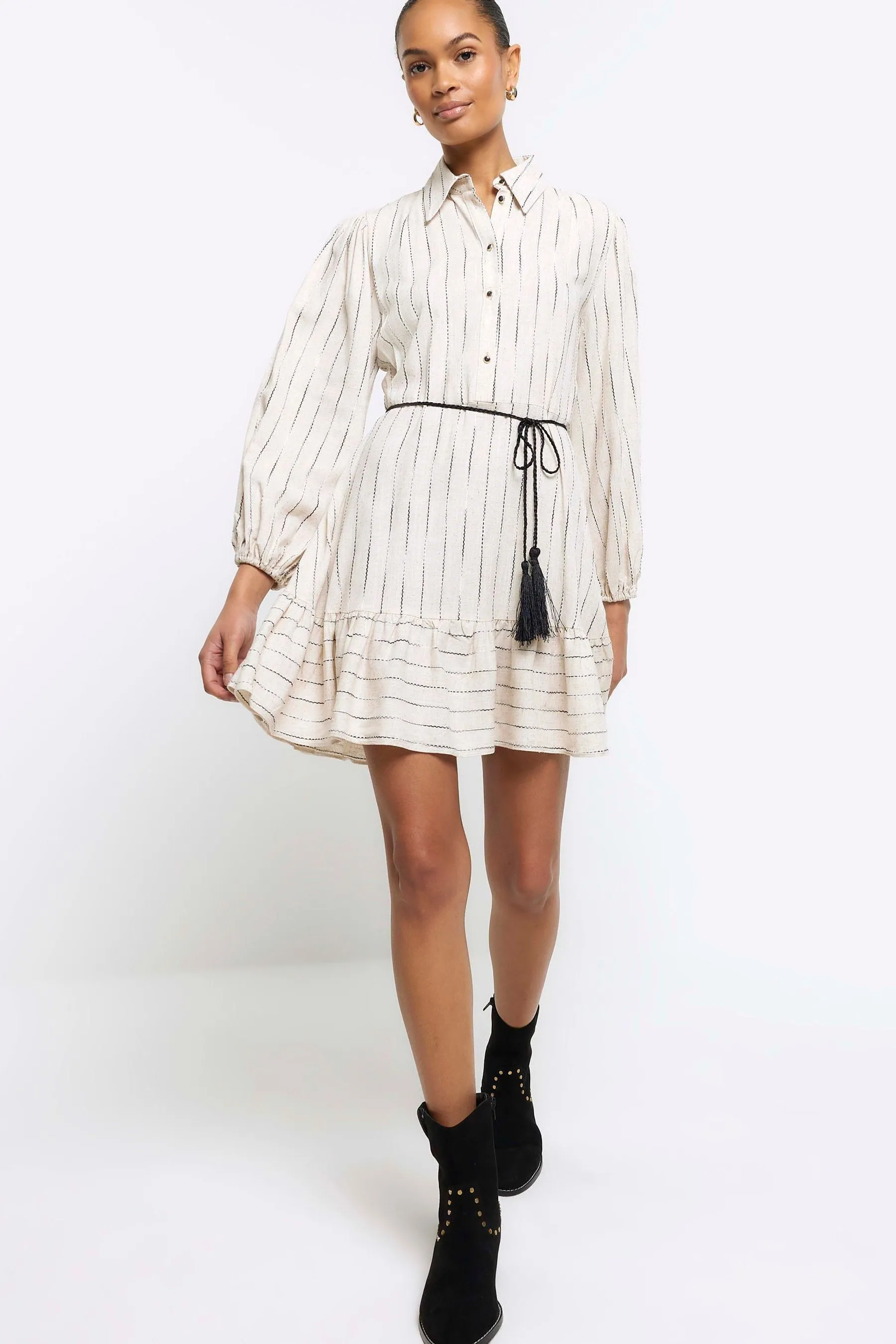 River Island Manica lunga Con cintura - Abito chemisier
