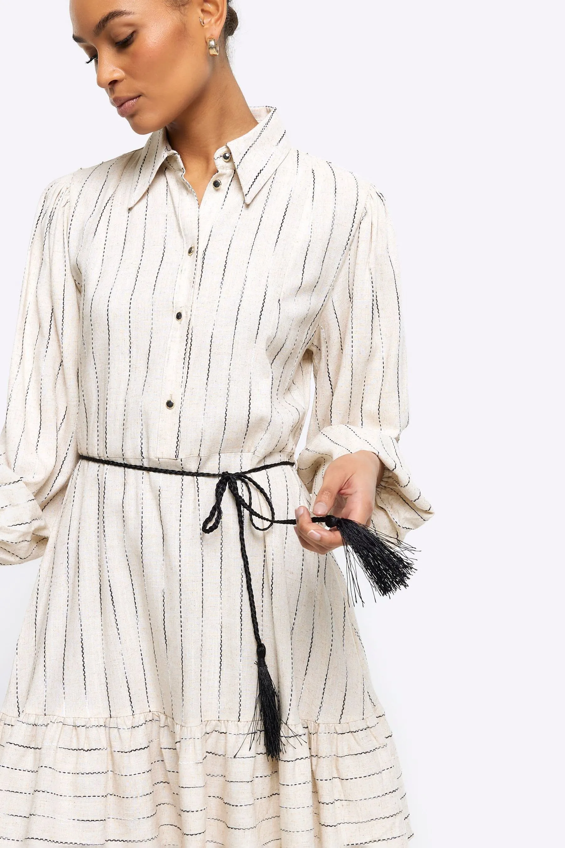 River Island Manica lunga Con cintura - Abito chemisier