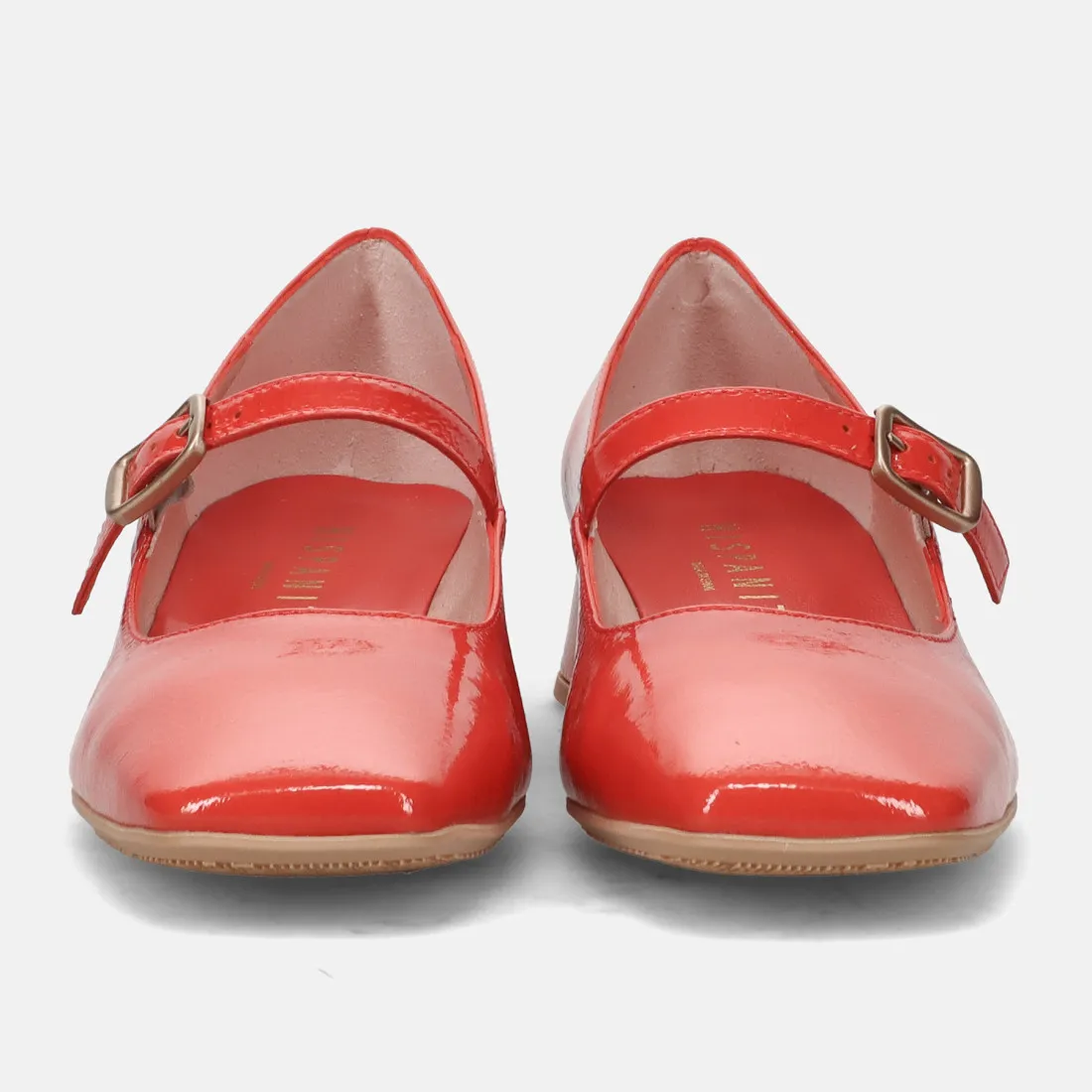 Scarpa Hispanitas in pelle lucida aragosta con tacco basso e cinturino