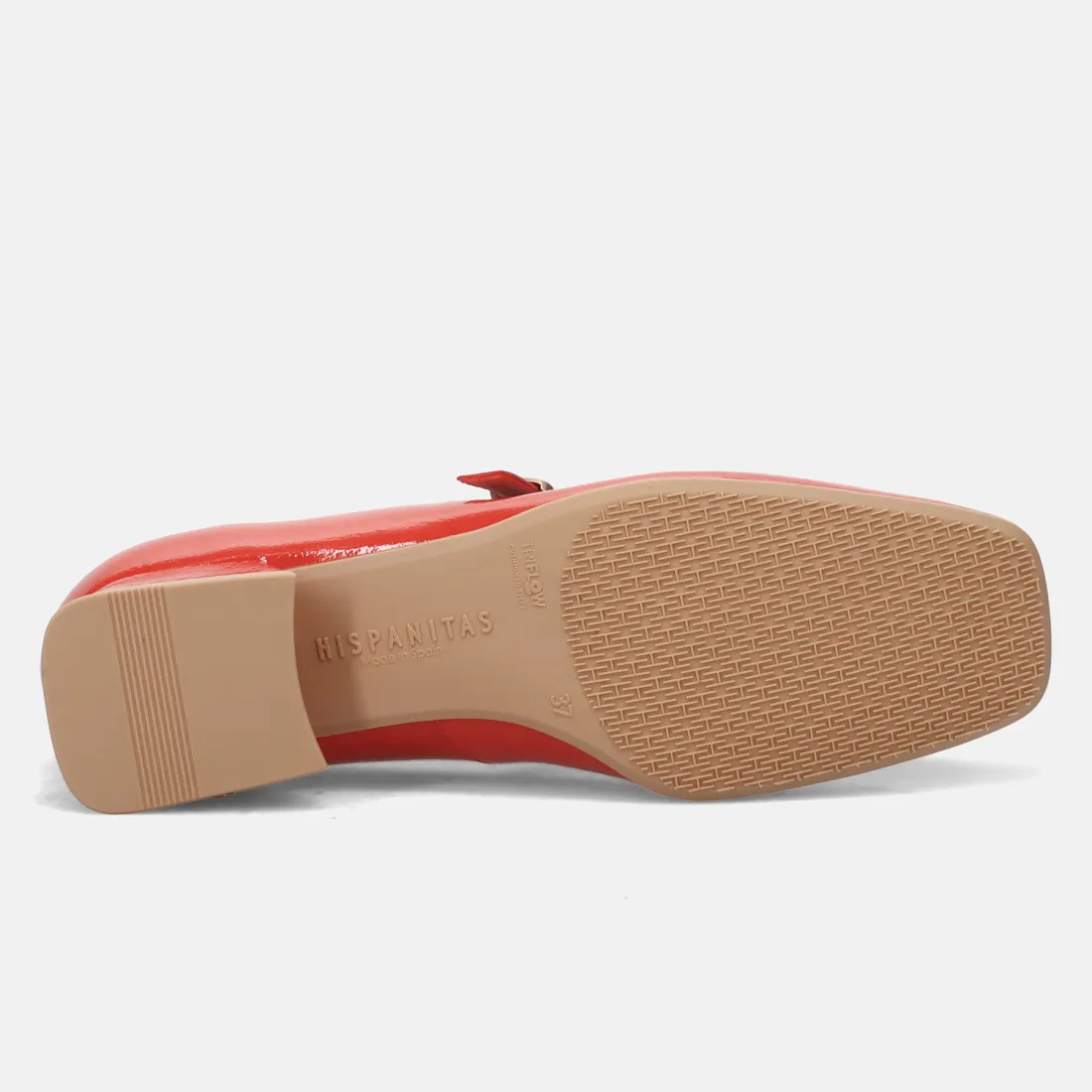 Scarpa Hispanitas in pelle lucida aragosta con tacco basso e cinturino
