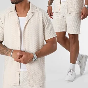 Set camicia a maniche corte e pantaloncini da jogging beige