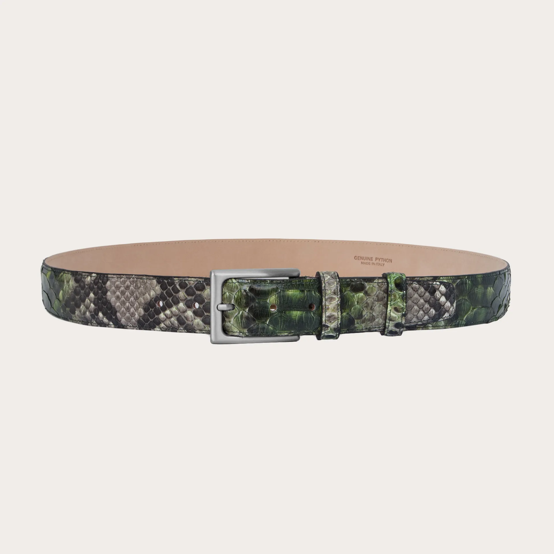 Shiny nickel free belt in python leather, shades of green and rock