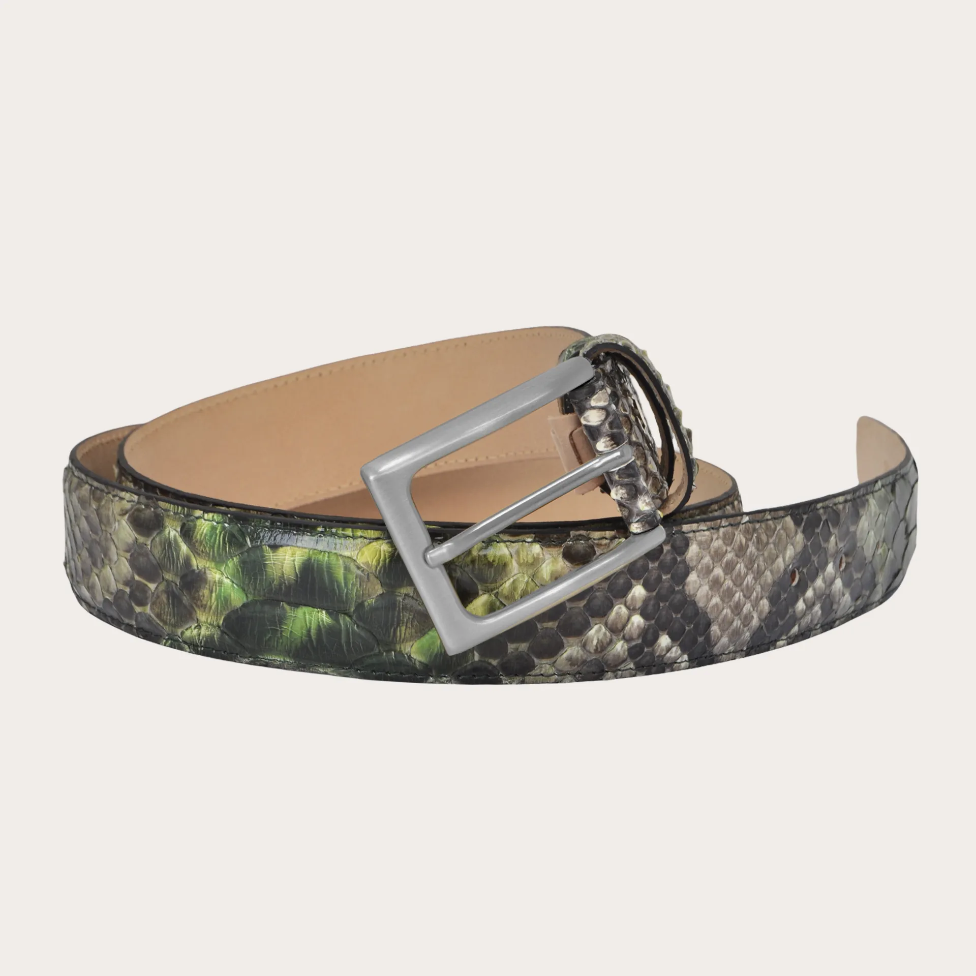 Shiny nickel free belt in python leather, shades of green and rock