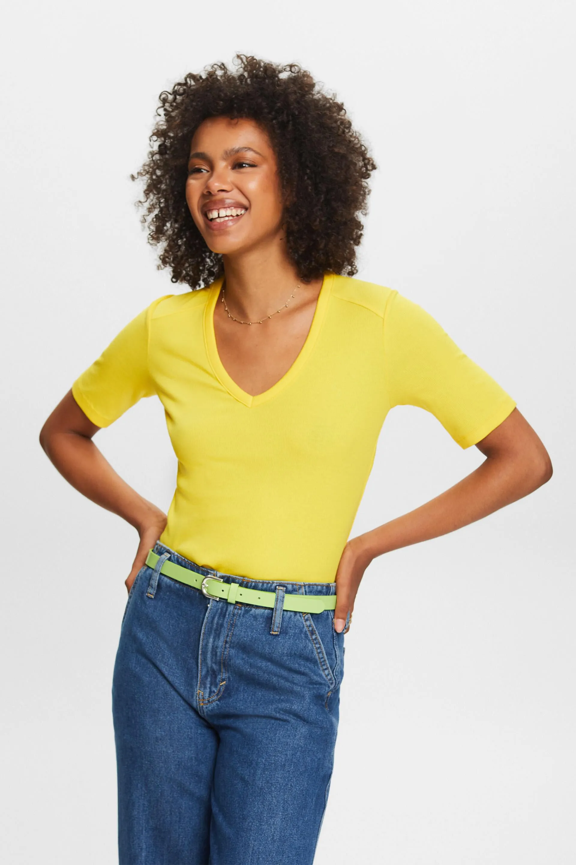 T-shirt a coste con scollo a V