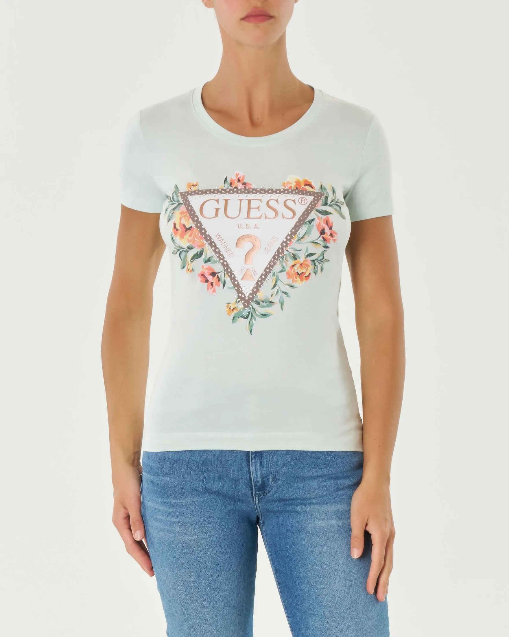 T-shirt color acqua in cotone con stampa logo sul petto e motivo floreale attorno