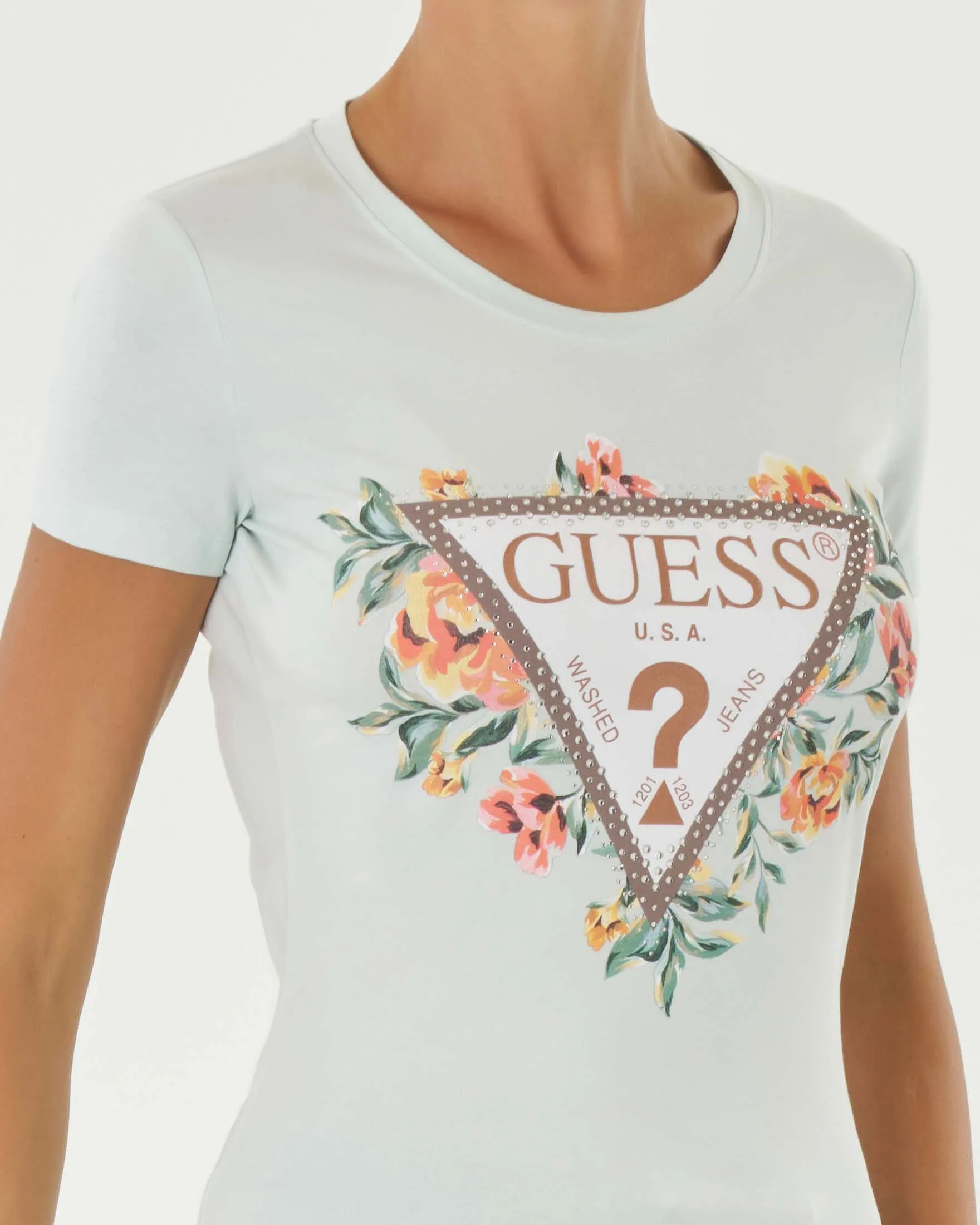 T-shirt color acqua in cotone con stampa logo sul petto e motivo floreale attorno