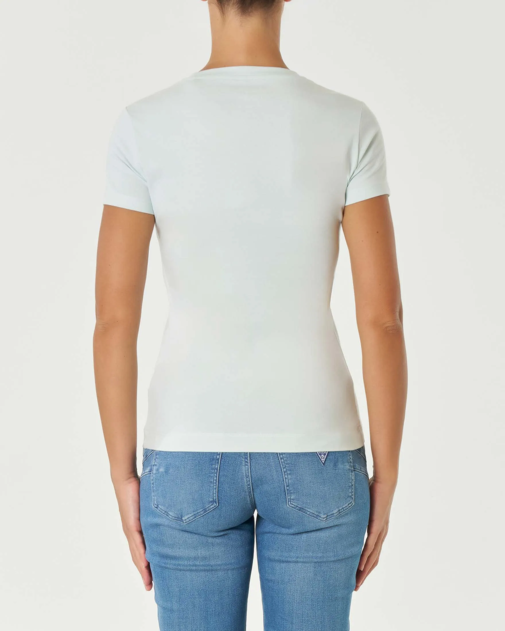 T-shirt color acqua in cotone con stampa logo sul petto e motivo floreale attorno