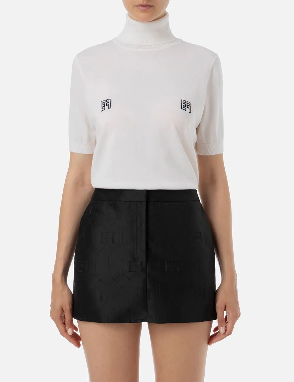 T-shirt Dolcevita in Lana con Logo Burro/Nero
