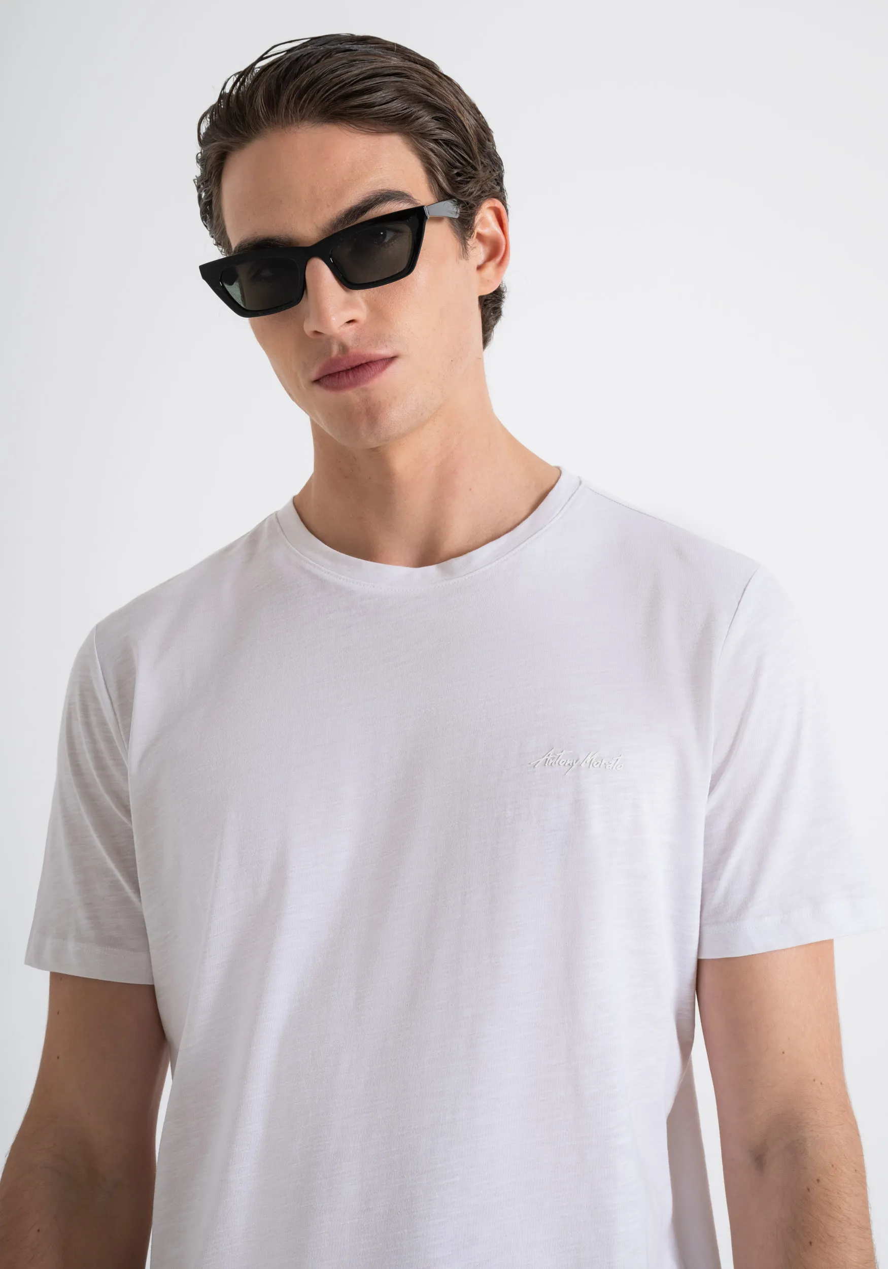T-SHIRT REGULAR FIT IN COTONE FIAMMATO CON STAMPA LOGO GOMMATA AD INIEZIONE
