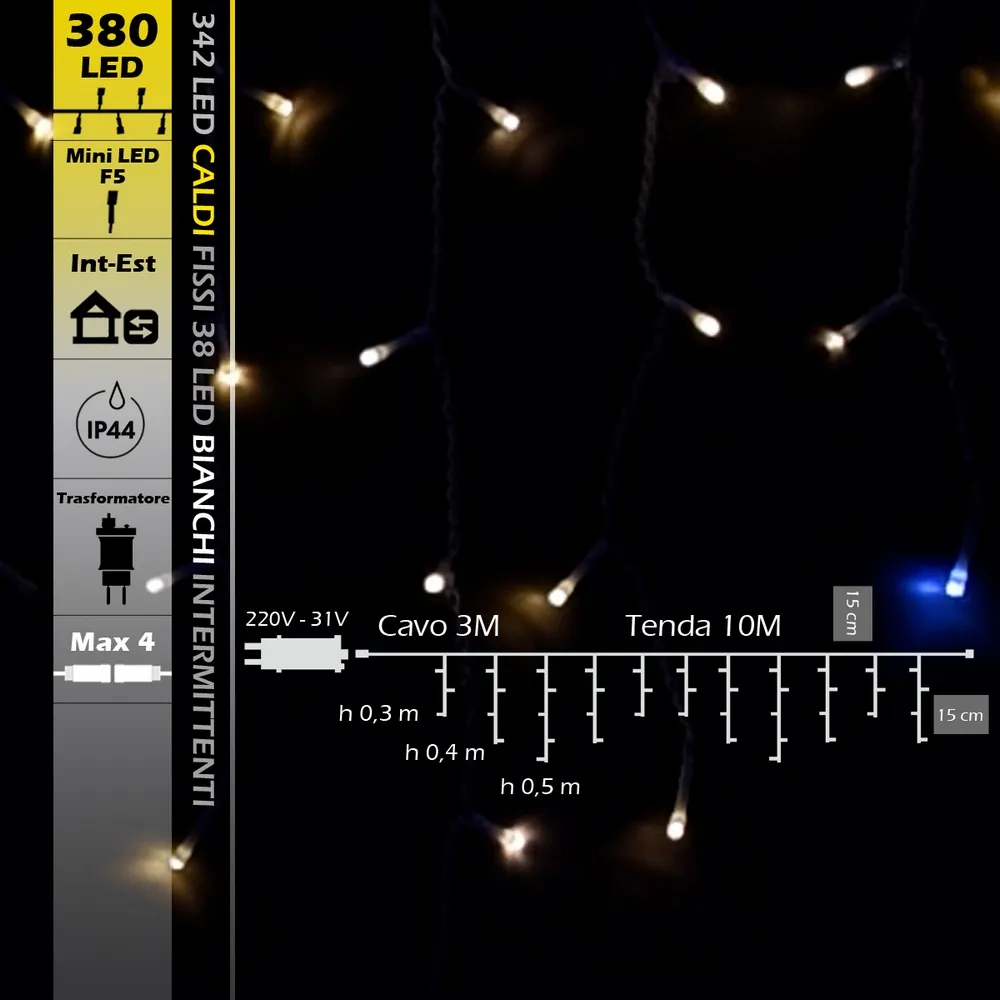 Tenda luminosa 10 metri prolungabile da 380 Led Bianco Caldo fisso e Bianco Freddo intermittente da esterno Wisdom
