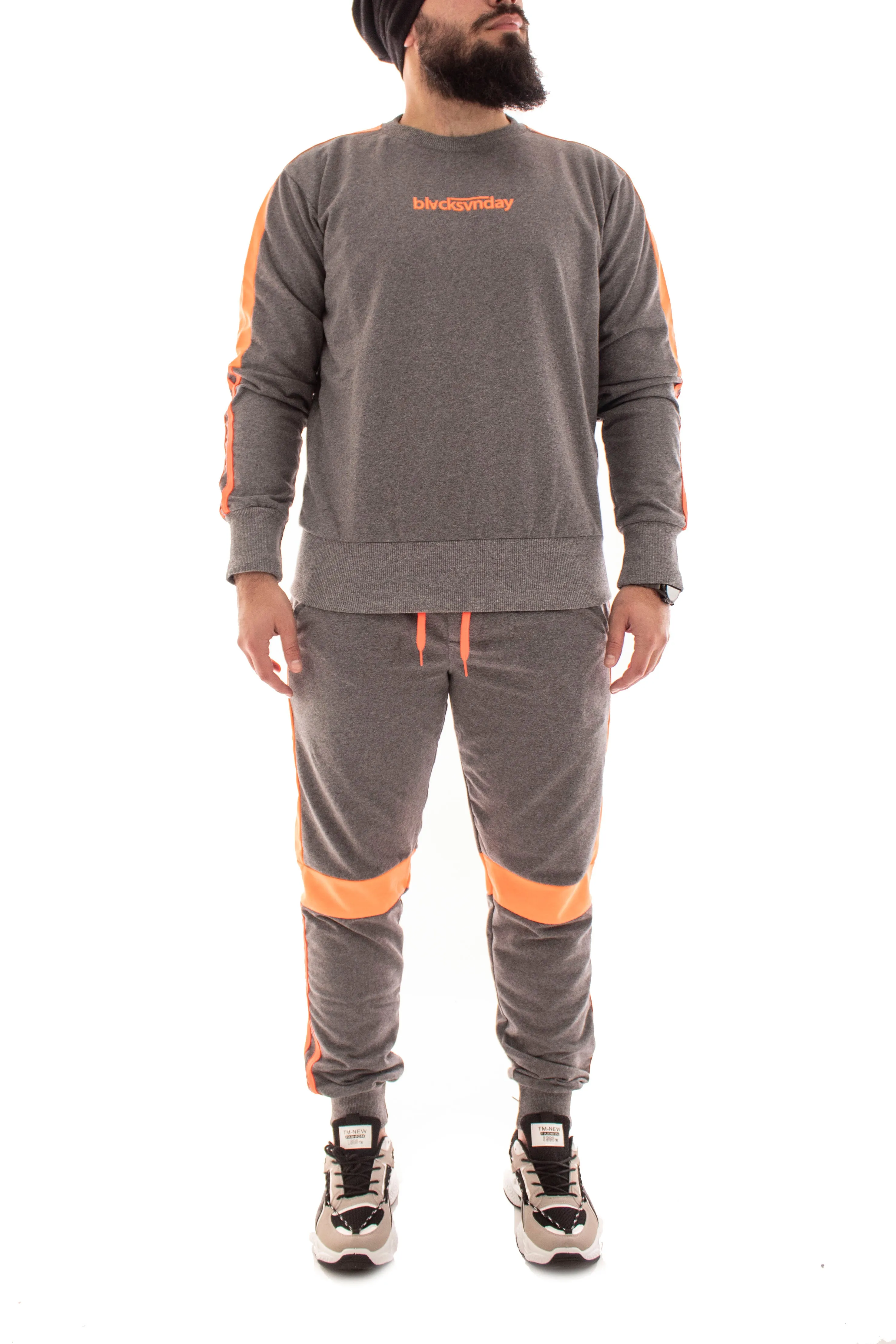 TUTA COMPLETO UOMO BLACKSVNDAY GIROCOLLO FASCE FLUO TASCA AMERICA GRIGIA ART. TT44