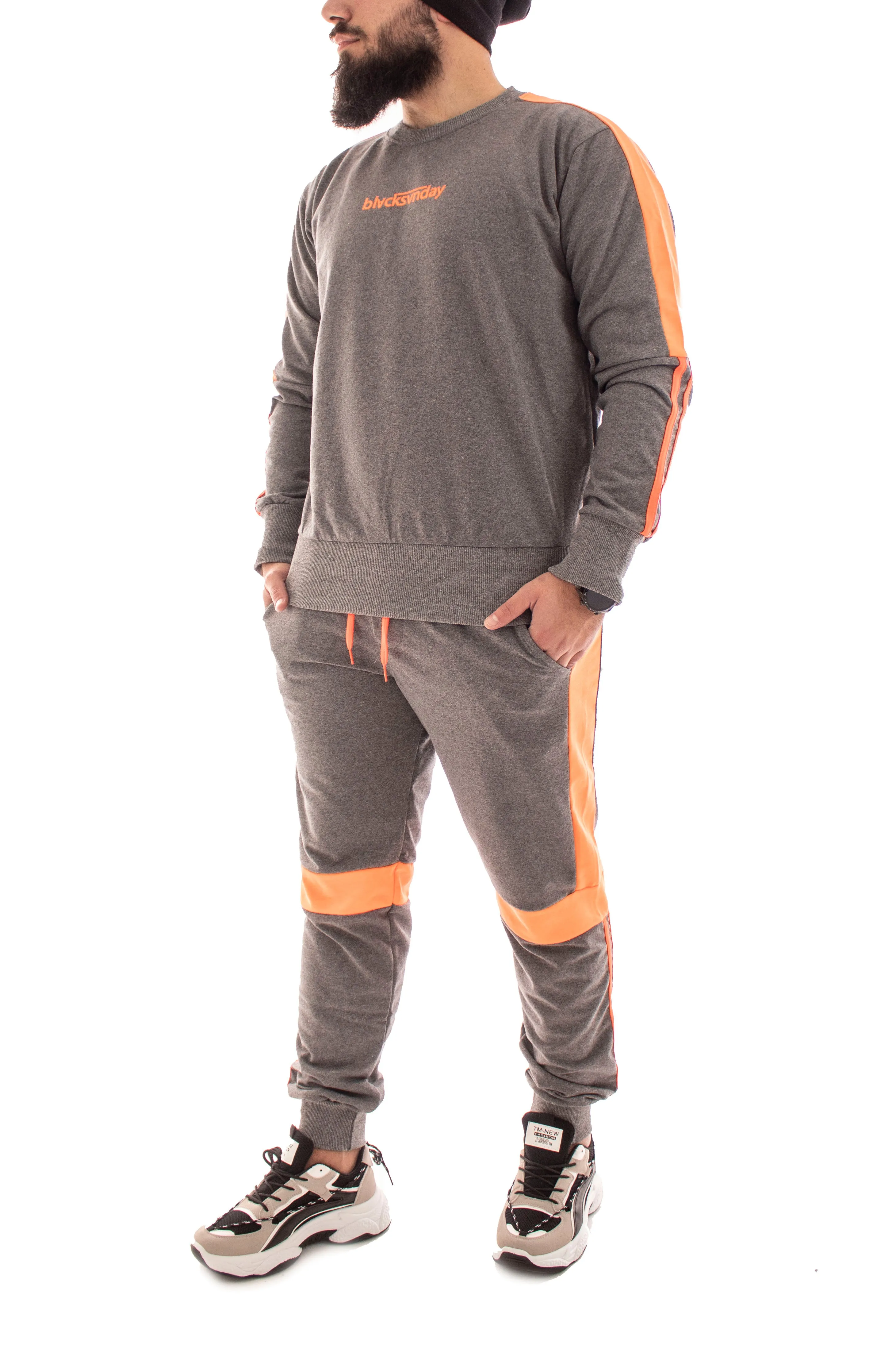 TUTA COMPLETO UOMO BLACKSVNDAY GIROCOLLO FASCE FLUO TASCA AMERICA GRIGIA ART. TT44