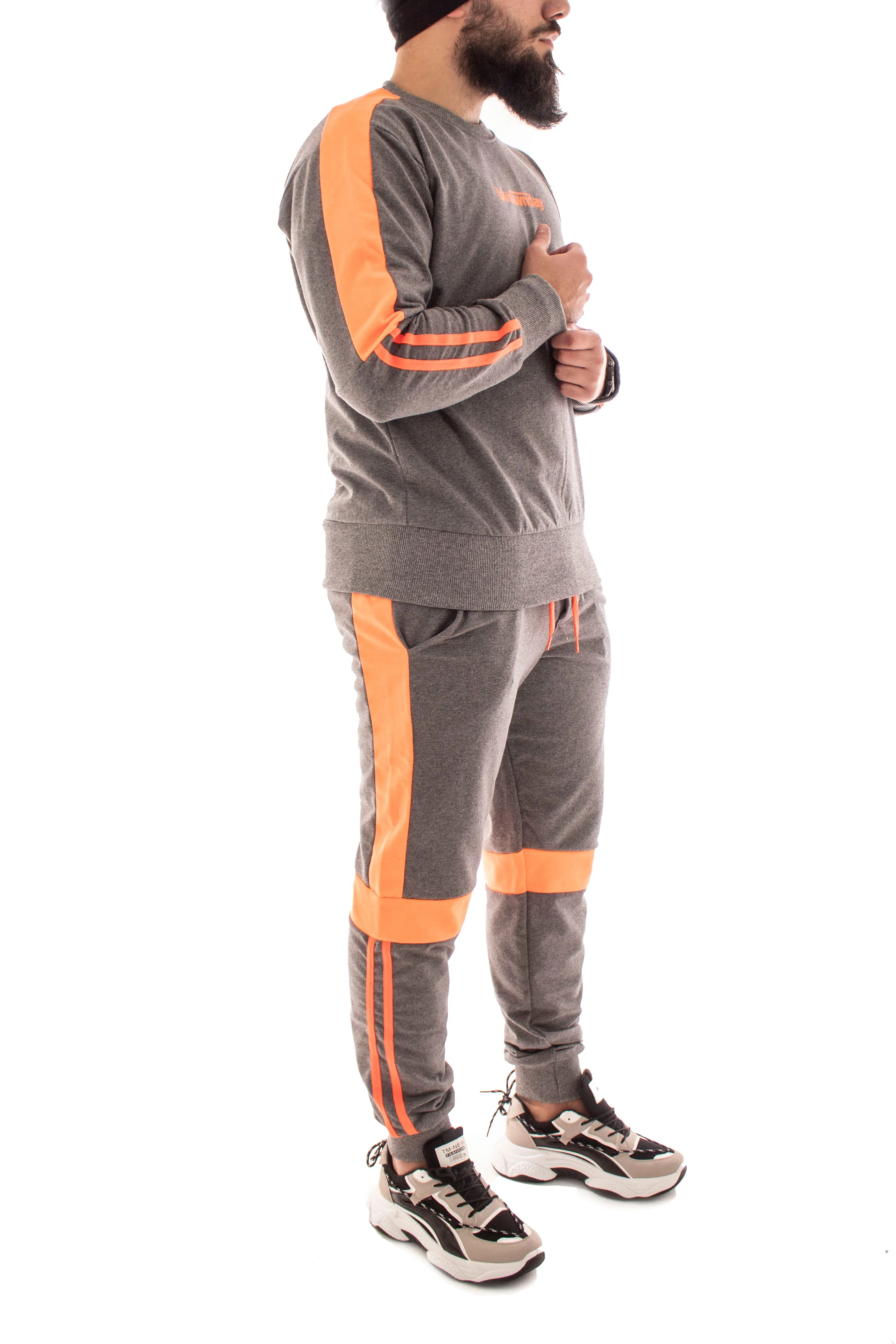 TUTA COMPLETO UOMO BLACKSVNDAY GIROCOLLO FASCE FLUO TASCA AMERICA GRIGIA ART. TT44