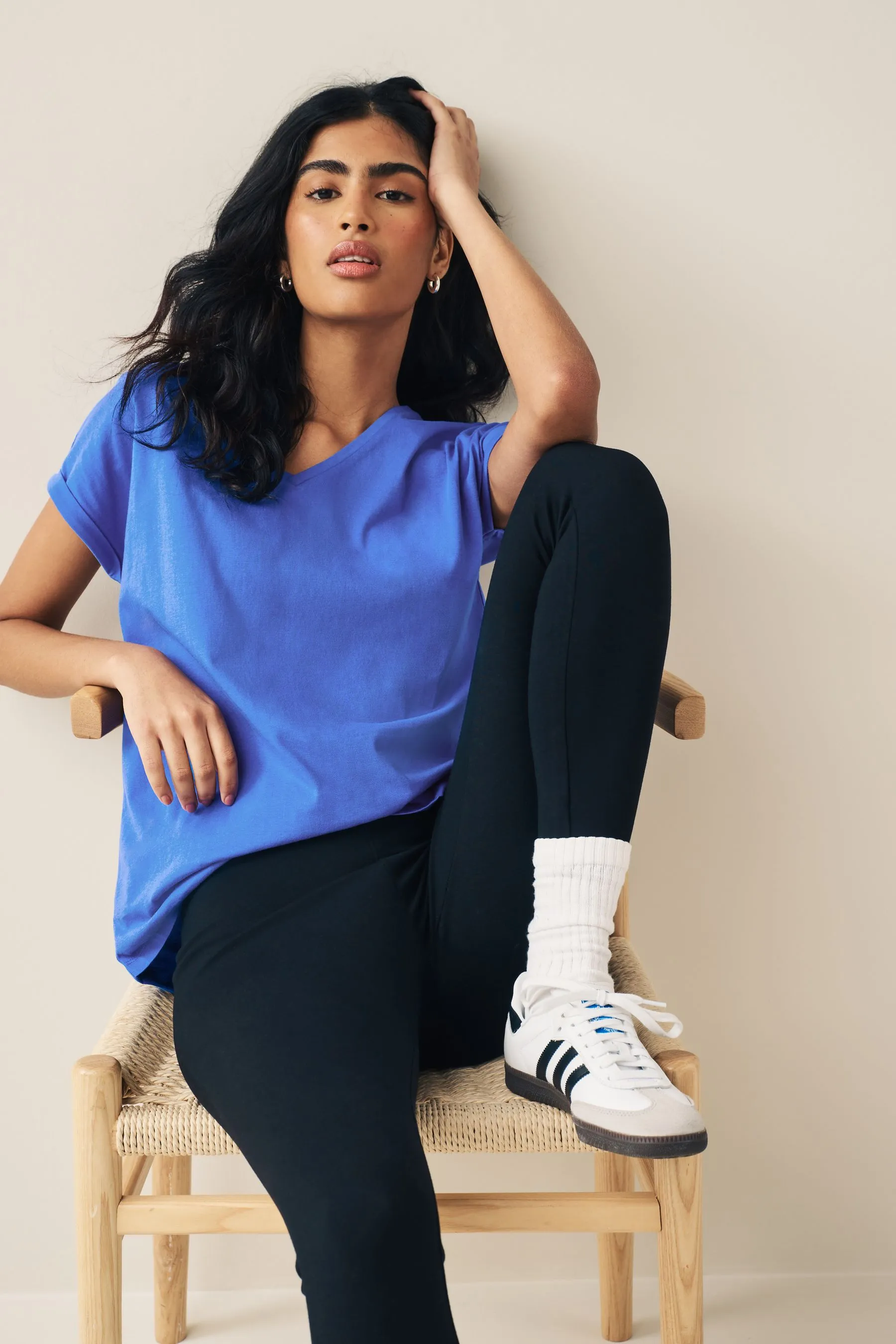 V-Neck 100% Cotton Rich Cap Sleeve T-Shirt    