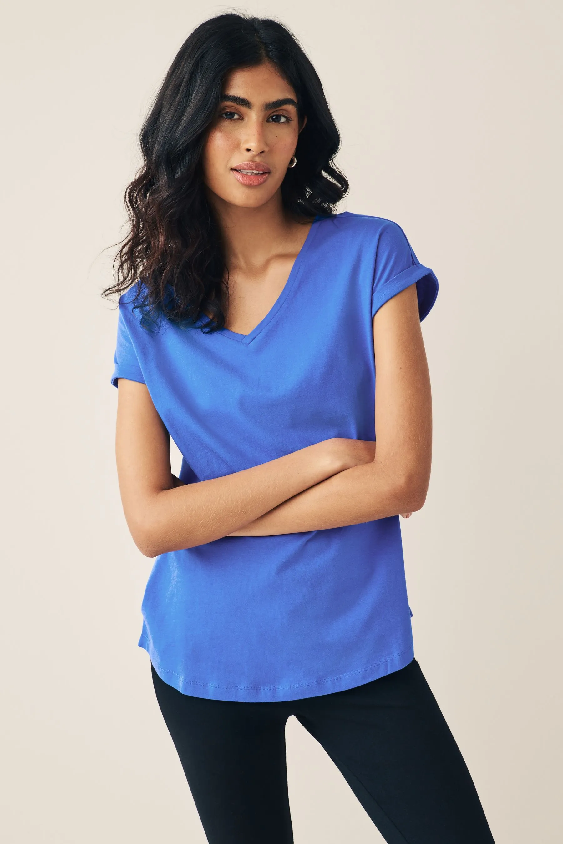 V-Neck 100% Cotton Rich Cap Sleeve T-Shirt    