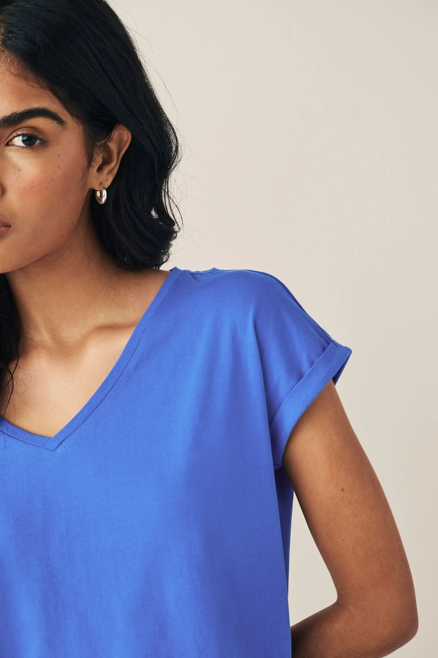 V-Neck 100% Cotton Rich Cap Sleeve T-Shirt    