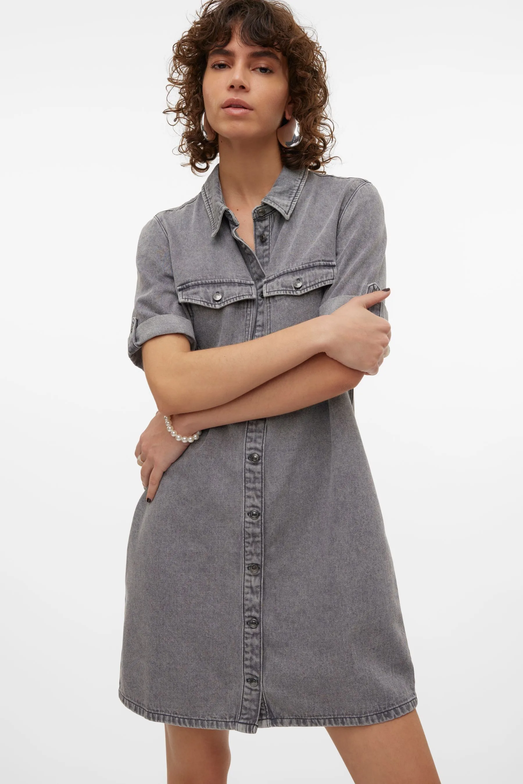 VERO MODA - Abito chemisier Denim Manica corta multitasche
