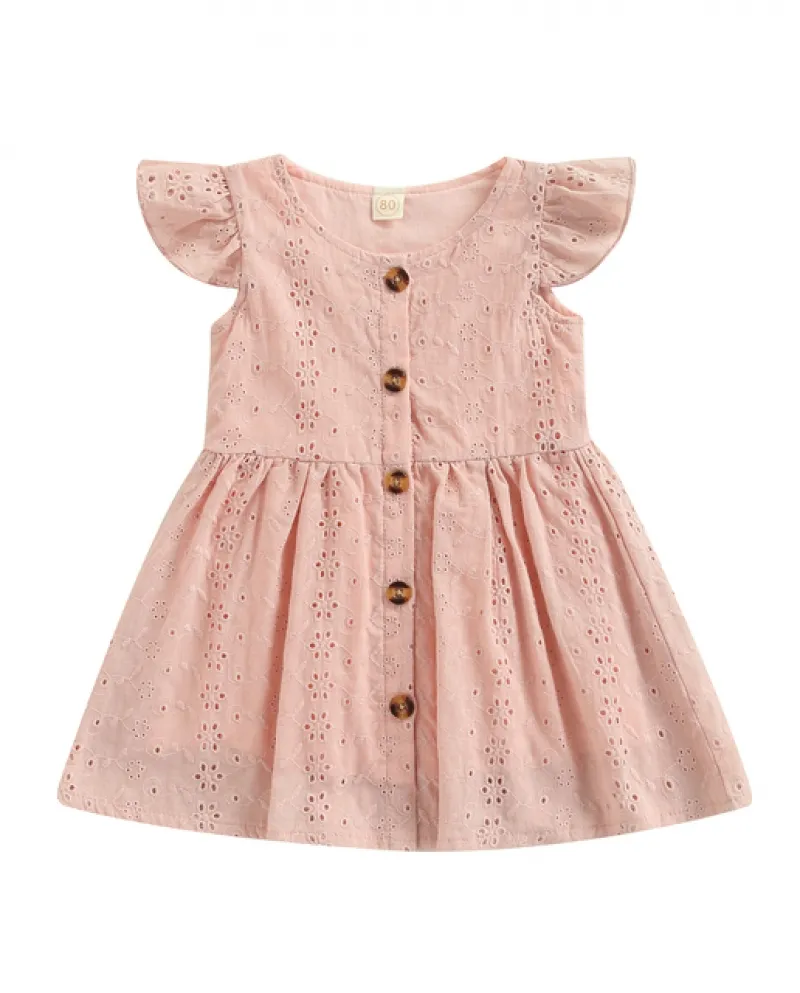 Vestito estivo da bambina con maniche a volant Girocollo in tinta unita Vestito scavato da ragazza Lunghezza al ginocchio Vestit
