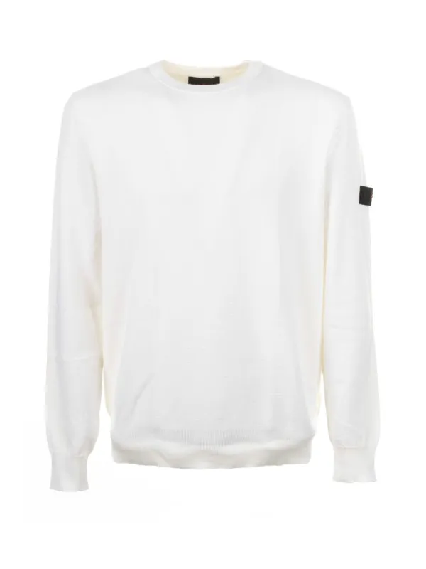 White crew-neck sweater with logo