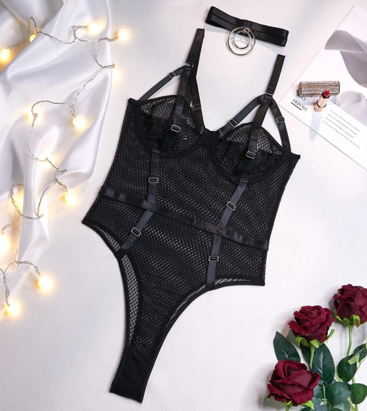 Yimunancy 2 pezzi Body in rete Body da donna con anello girocollo 2 colori Body skinny senza schienale Femme